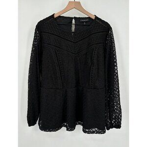 Lane Bryant Peplum Blouse Women 20 Black Balloon Long Sleeve Mesh Embroidered